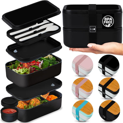 Double Premium Bento Box Adult, 67 fl oz BPA-Free - Cream Stackable Lunch Box with Leak-Proof Lids & Dividers, Perfect for Meal Prep, Lunches & Portion Control