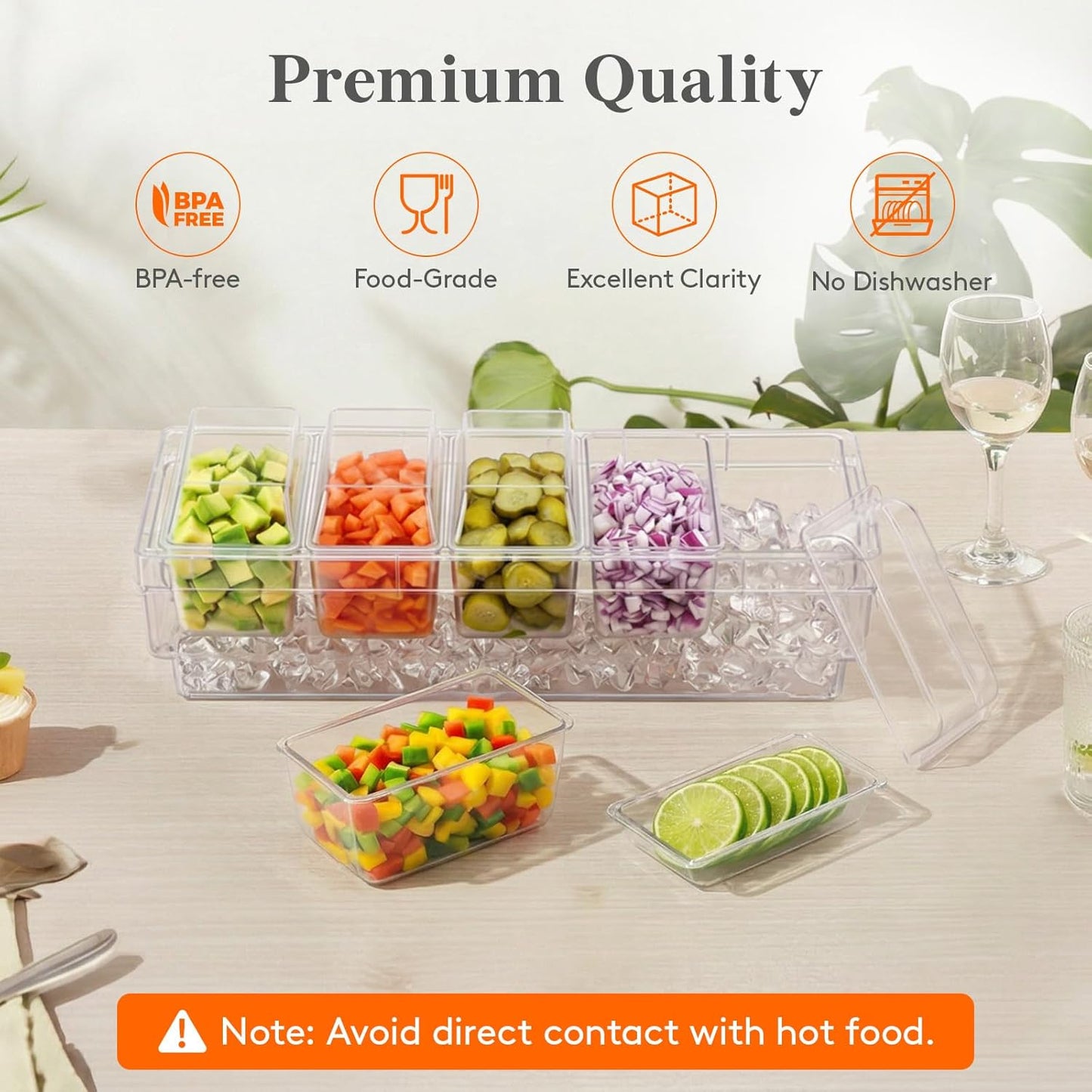 Lifewit Chilled Condiment Containers with Lids 2 Pcs, Plastic Taco Bar Serving Set for Party with 5 Containers, Ice Garnish Tray for Mimosa Bar Supplies, Clear Serving Platter for Fruit, Salad, Snack