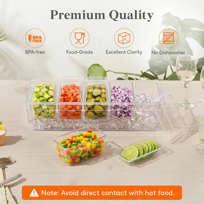 Lifewit Chilled Condiment Containers with Lids 2 Pcs, Plastic Taco Bar Serving Set for Party with 5 Containers, Ice Garnish Tray for Mimosa Bar Supplies, Clear Serving Platter for Fruit, Salad, Snack