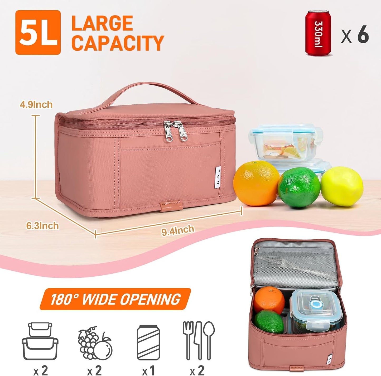 NOL Mini Insulated Lunch Bag for Women Men Kids | Small Leakproof Reusable Lunch Tote | Fits 6 Cans 330ml | Thermal Cooler for Work School Picnic Camping, Navy blue