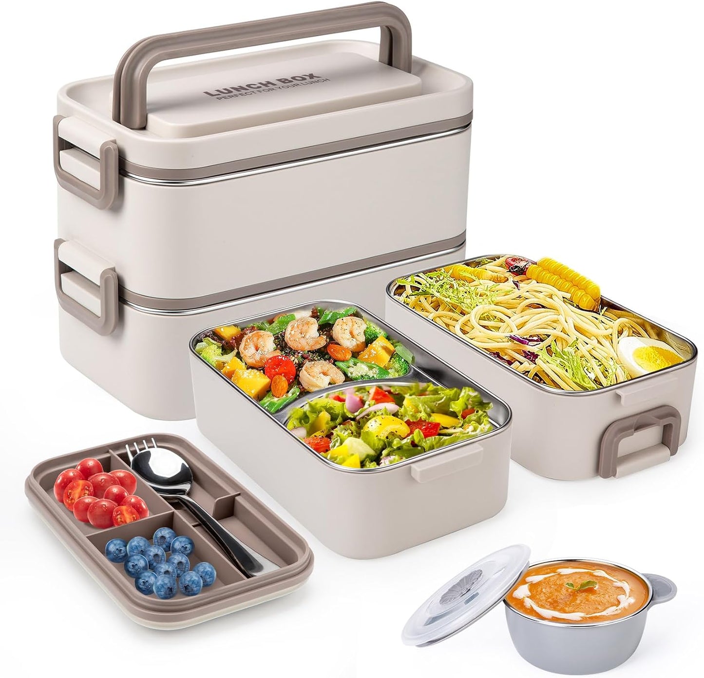 Bento Box Adult Lunch Box, Stackable 3 Layer 304 Stainless Steel Lunch box for Adults Kids Office, 3L Large Capacity Portable Lunch Box Containers with Soup Bowl Spoon and Fork