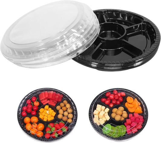 10 Pcs Round Plastic Appetizer Tray with Lid Divided Serving Tray Disposable Food Storage Trays Containers Plastic Tray Storage Snack Fruit Vegetable Trays for Party (black, 13.7 x 13.7 x 2 Inch)