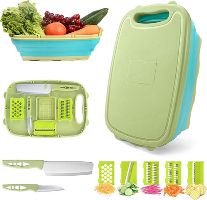 9-in-1Collapsible Cutting Board with Colander Wash Basket Camping RV Gift