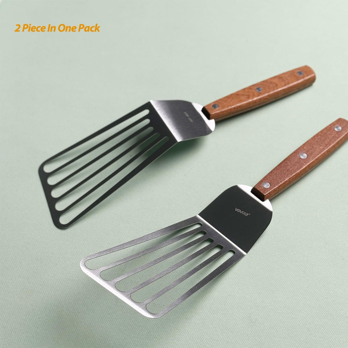 2 Pack Fish Spatula Turner, Stainless Steel Slotted Spatulas for Flipping, Turning, Frying & Grilling, 3"x6"+4"x8" Metal Slotted Spatulas, Wooden Full Tang Handle & Curved Blade