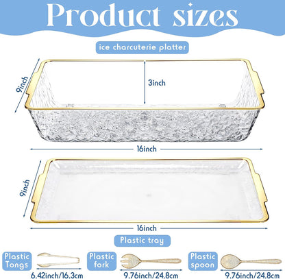 Baderke 16" x 9" Chilled Serving Tray for Parties with Compartments Ice Chilled Party Crudite Platter Charcuterie Serving Board Cold Dish Dip with Tableware for Seafood Vegetable(Silver Glitter)