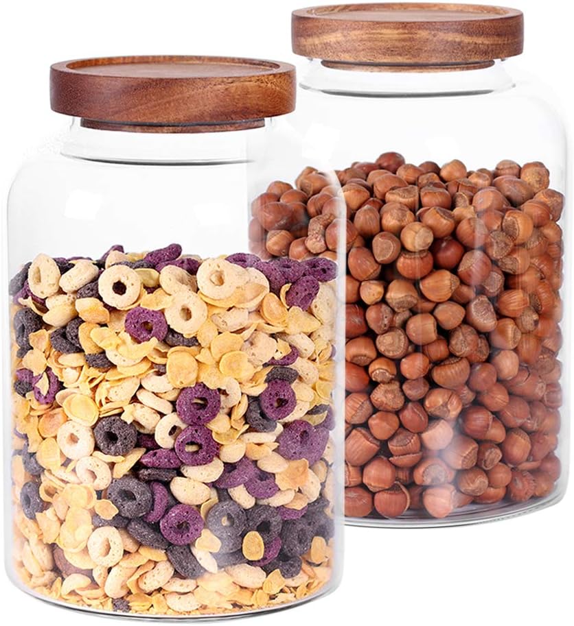 Large Glass Jar with Airtight Lid Set of 2 93 FL OZ(2750ml) glass canister set, Glass Food Containers Wooden Lid Suit for Kitchen Pantry for Flour, Tea, Coffee Beans, Sugar, Cookies(8.8 inch high)
