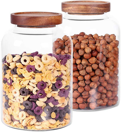 Large Glass Jar with Airtight Lid Set of 2 93 FL OZ(2750ml) glass canister set, Glass Food Containers Wooden Lid Suit for Kitchen Pantry for Flour, Tea, Coffee Beans, Sugar, Cookies(8.8 inch high)