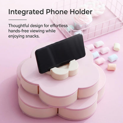 Snack Spinner, Divided Serving Tray - Flower Shape Rotating Snack Container with Lid & Phone Holder Multi-Compartment Snackle Box for Candy, Fruits, Nut, Rotating Container