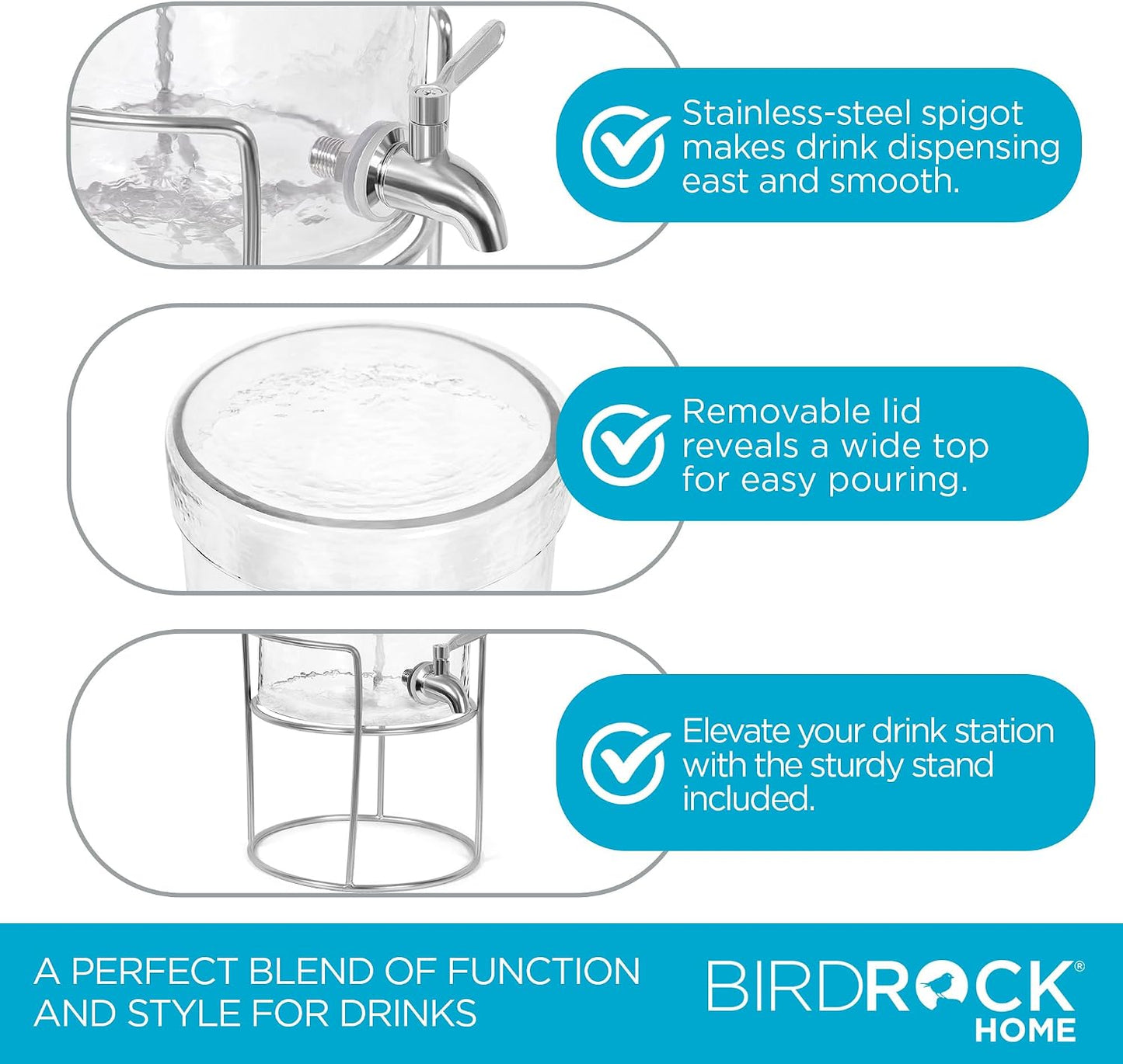 BIRDROCK HOME Beverage Dispenser with Stand & Stainless Steel Spigot - Hammered Glass Drink Dispenser for Parties Home & Events - Ideal for Serving Tea, Lemonade, Juice, Sangria, Cocktail - 1.5 Gallon