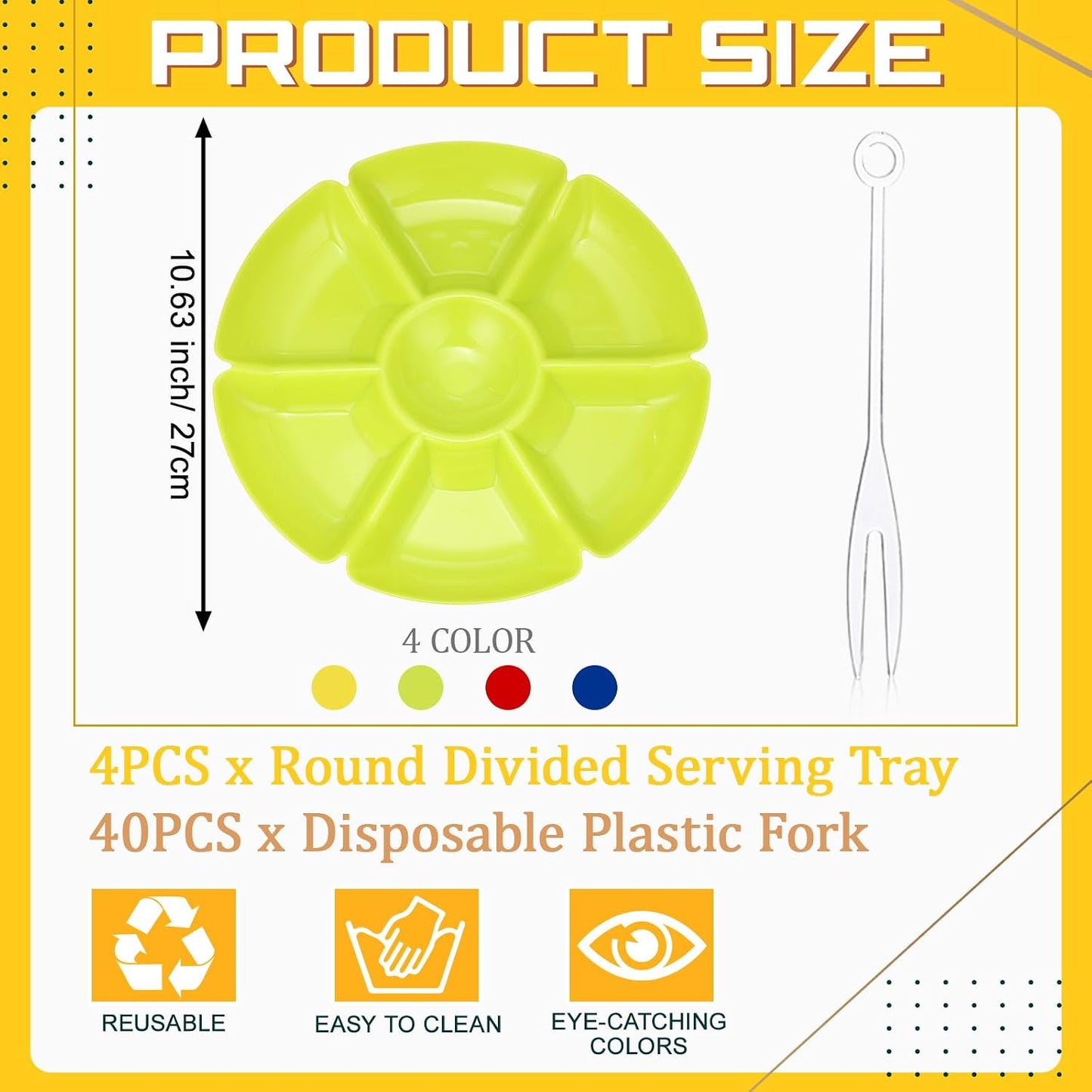 Zhehao 4 Pcs Sectional Heavyweight Plastic Divided Plates Serving Trays with 40 Disposable Forks 10.6" 7 Section Round Chip Dip Plate Snack Food Platter for Nut Candy Veggie Fruit (Blue)