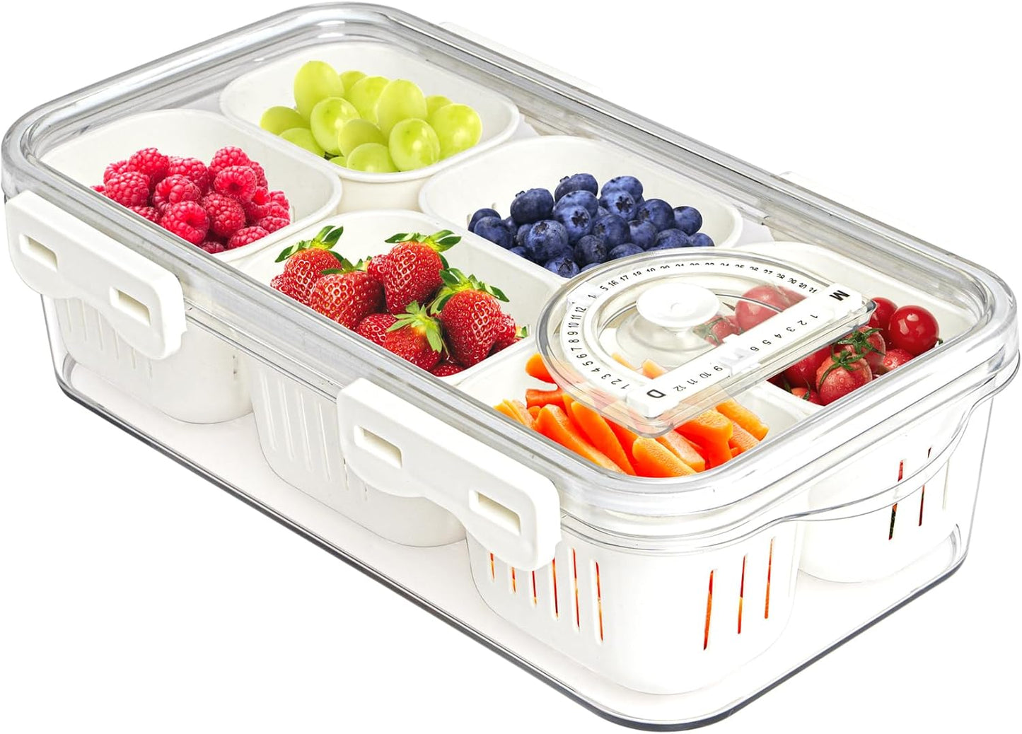 Divided Serving Tray with Lid for Veggie Charcuterie Container Portion Control Salad Keeper with 4 Removable Boxes Stackable Refrigerator Organizer Bins Food Storage Organizer Produce Saver