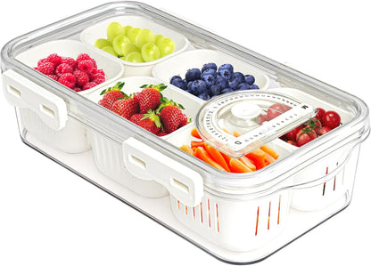 Divided Serving Tray with Lid for Veggie Charcuterie Container Portion Control Salad Keeper with 4 Removable Boxes Stackable Refrigerator Organizer Bins Food Storage Organizer Produce Saver