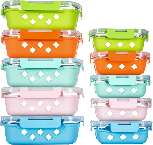 10 Pack Glass Meal Prep Containers with Removable Silicone Sleeves,Food Storage Container Set with Airtight Lids (34oz+12oz)