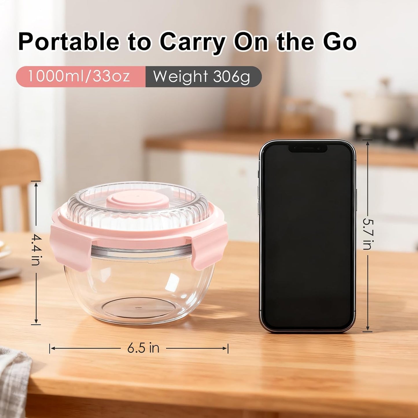 WHALEHOUSE Clear Eco-friendly SK chemicals ECOZEN Salad Container, 33OZ Portable Plastic Salad Bowls with Lid & Snack Tray, Leak-Proof Dressing Container, Reusable Fork, Lunch Box for Meal Prep (Pink)