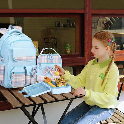 ACESAK Backpack for Girls - Bento Box with Insulated Lunch Bag Pencil Case & Utensils Set for Kids, 4 Leakproof Compartments Removable Tray Lunches or Snack Container for School (Black Purple)