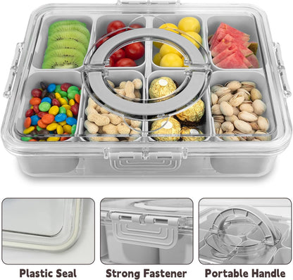 Divided Serving Tray with Lid and Handle,8 Compartments Snacks Box,Snack Fruit Tray,Veggie Tray,Portable Platter for Candy Fruits Nuts Snack Party Entertaining Picnic (2PCS Pink)