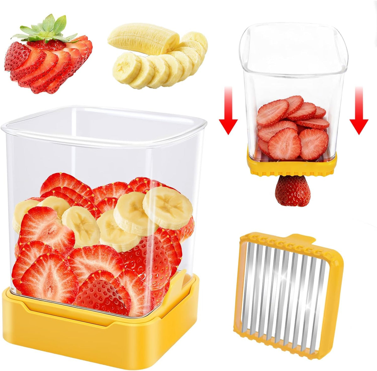 Fruit Slicer Cup for Strawberry, Banana, Hard-Boiled Egg - Detachable Cutter with Push Plate - 304 Stainless Steel Blade - Rapid & Safe Slicing Kitchen Gadget for Quick Meal Prep (Blackish green)