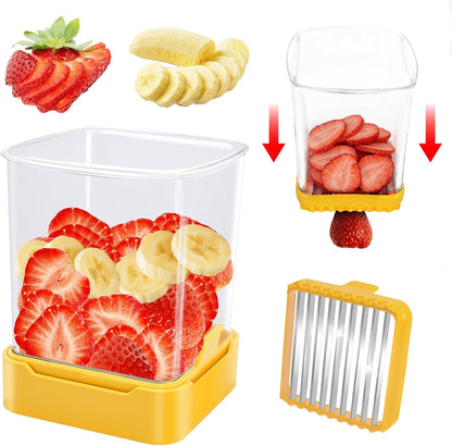 Fruit Slicer Cup for Strawberry, Banana, Hard-Boiled Egg - Detachable Cutter with Push Plate - 304 Stainless Steel Blade - Rapid & Safe Slicing Kitchen Gadget for Quick Meal Prep (Blackish green)