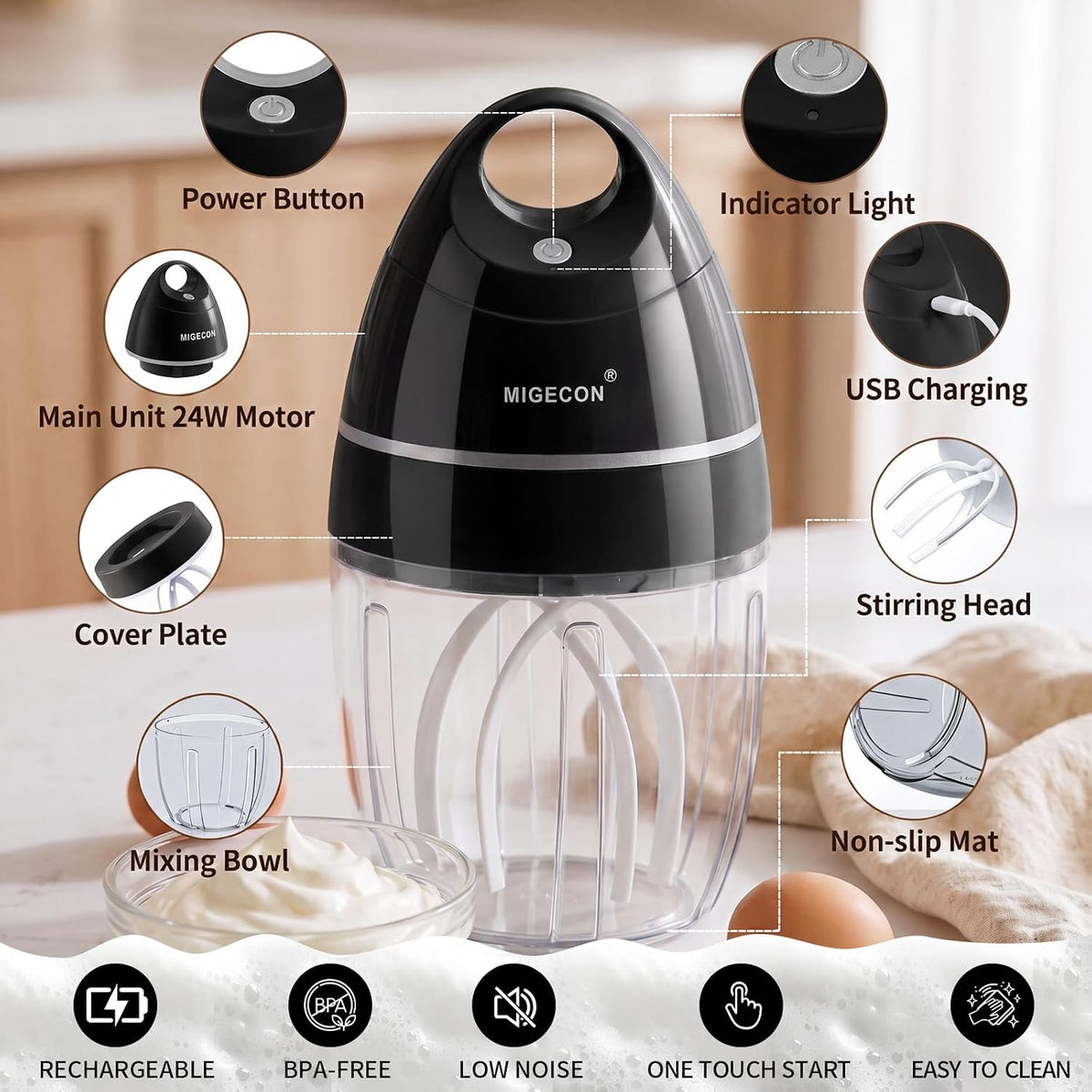 MIGECON Stand Mixer, Small Electric Mixer Kitchen Egg Beater Milk Frother