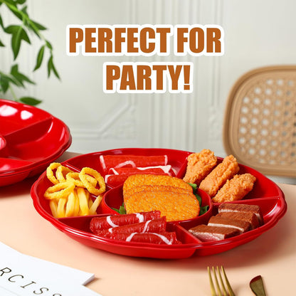 Rtteri 12 Pcs Plastic Divided Serving Trays 12 Inch Round Chip Dip Plate 6 Sectional Snacks Serving Dish Food Platters for Party Candy Nuts Fruits Veggies(Colorful)