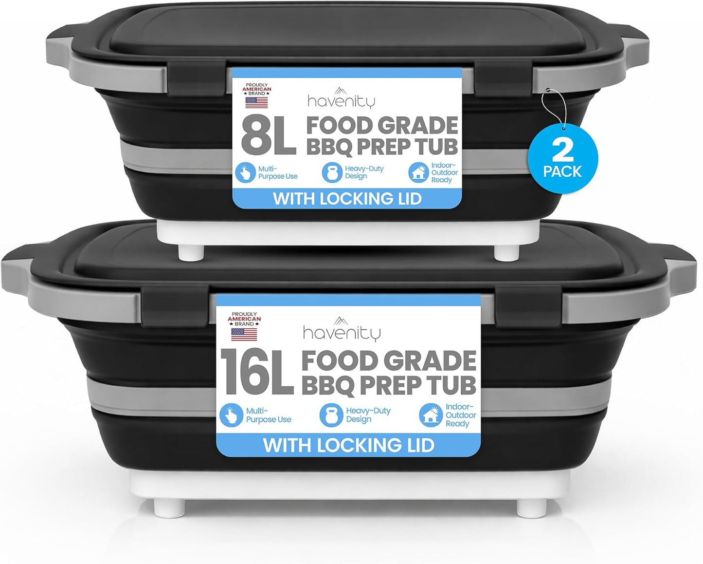 BBQ Prep Tub 2 Pack (8L+8L) - Multifunctional Collapsible Camping Cutting Board with Upgraded Locking Lid, Meal Prep Meat Storage Container Perfect for Grilling, Outdoor Cooking (Large x 2)