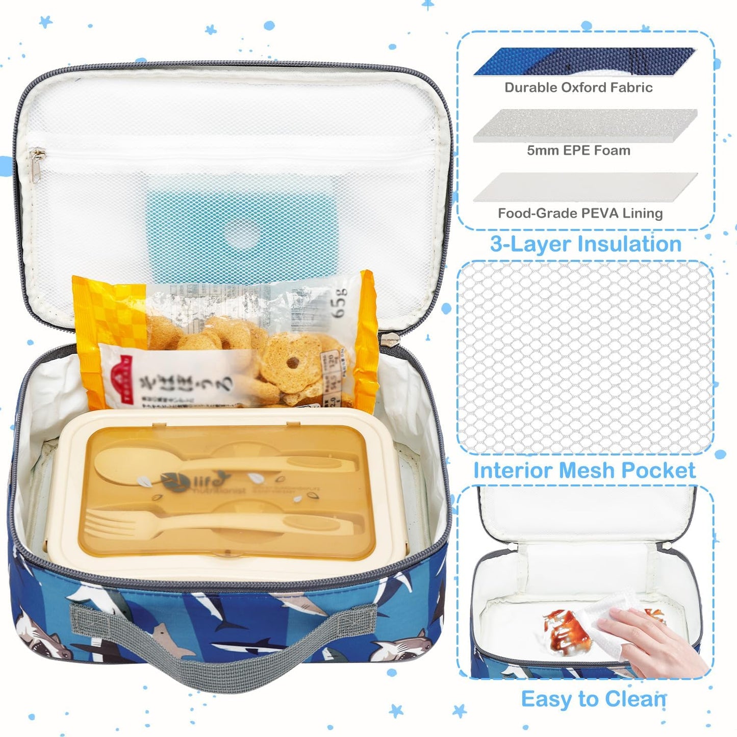 FlowFly Kids Lunch box Insulated Soft Bag Mini Cooler Back to School Thermal Meal Tote Kit for Girls, Boys, Black