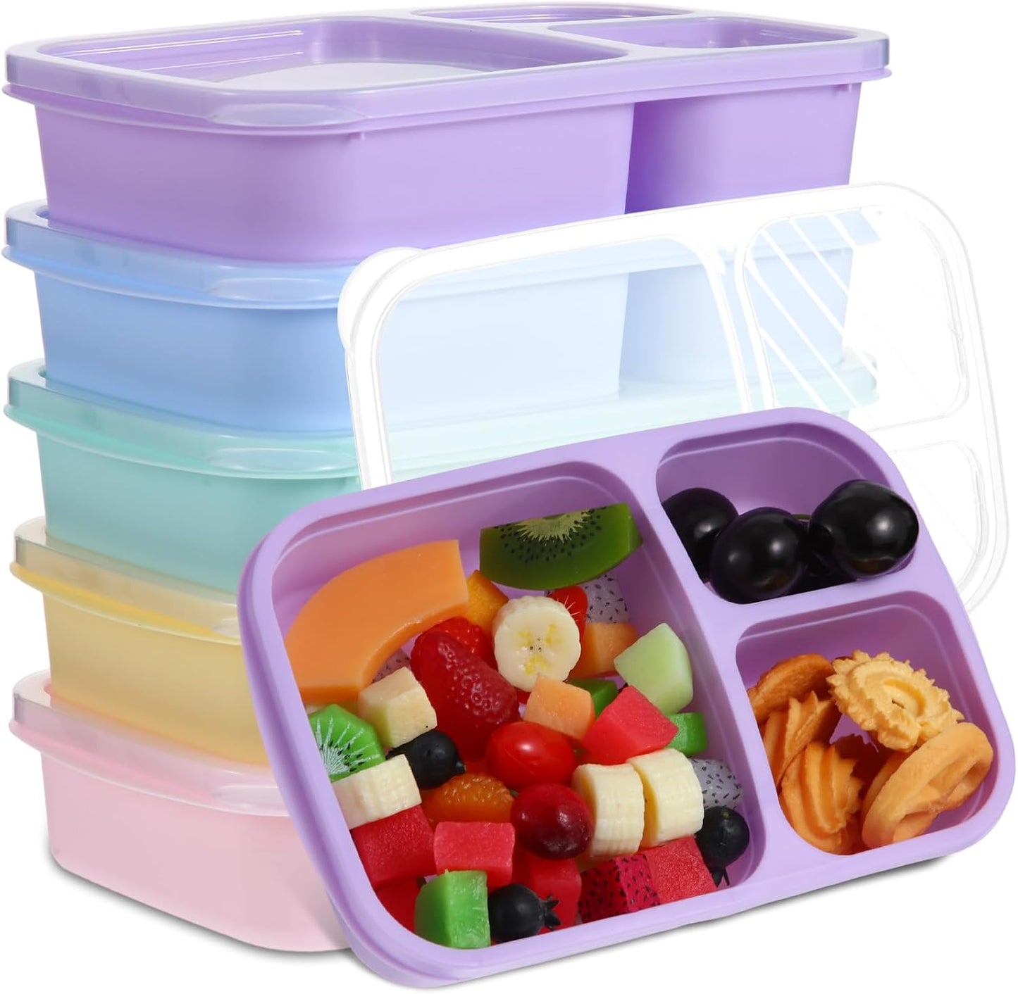 Honeydak 5 Pack Snack Containers 3 Compartment Bento Snack Boxes Divided Meal Prep Containers with Lids Reusable Adults Lunch Food Storage Box for School Work Travel(Elderberry)