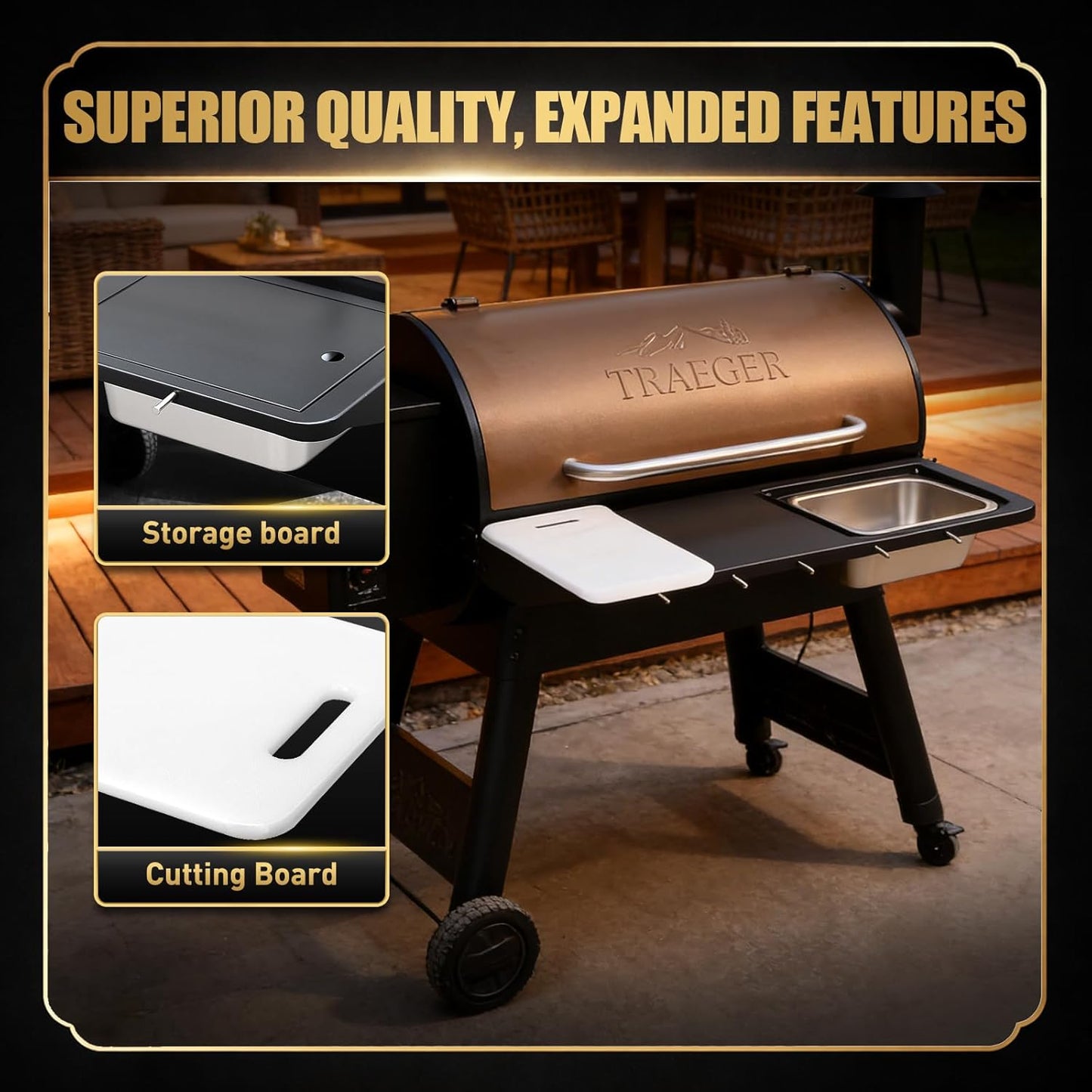 QuliMetal Folding Front Shelf for Traeger Pro 34, Texas Elite 34, Century 885 and Eastwood 34, 37" x 12" Heavy-Duty Grill Prep Table with Cutting Board, Stainless Steel Basin, Lid and 5 Hooks