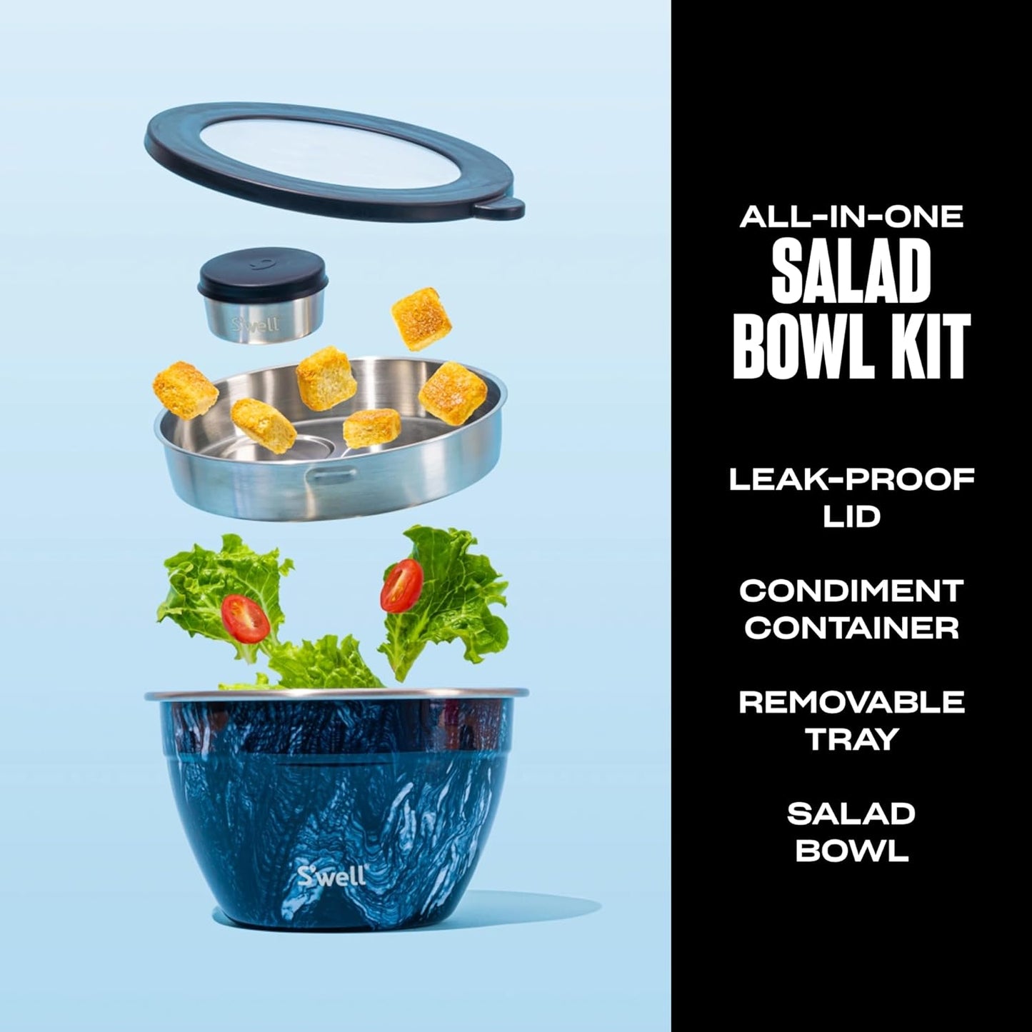 S'well Stainless Steel Salad Bowl Kit 64oz, Peacock Blue, Comes with 2oz Mini Canister and Removable Tray for Organization, Leakproof, Easy to Clean, Dishwasher Safe
