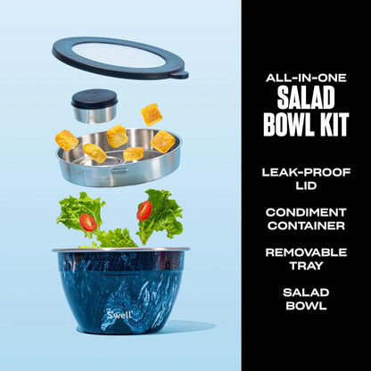 S'well Stainless Steel Salad Bowl Kit 64oz, Peacock Blue, Comes with 2oz Mini Canister and Removable Tray for Organization, Leakproof, Easy to Clean, Dishwasher Safe