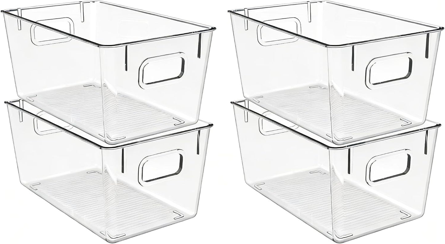 4 Pack Clear Plastic Storage Bins with Handles, Pantry Organizers & Storage Containers, Cabinet Organizer, Home Organization Must Haves for Kitchen, Laundry Room, Office, Closet, Garage & Freezer,L