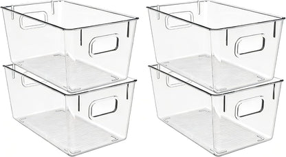 4 Pack Clear Plastic Storage Bins with Handles, Pantry Organizers & Storage Containers, Cabinet Organizer, Home Organization Must Haves for Kitchen, Laundry Room, Office, Closet, Garage & Freezer,L