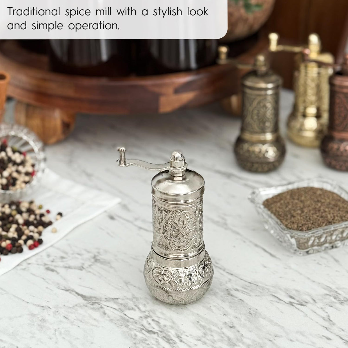 Handmade Decorative Black Pepper Grinder, Zamak Conical Burr, Refillable Turkish Spice Mill Manual Pepper Mill with Handle, Spice Grinder Metal with Hand Crank 11 cm-4.3 inch