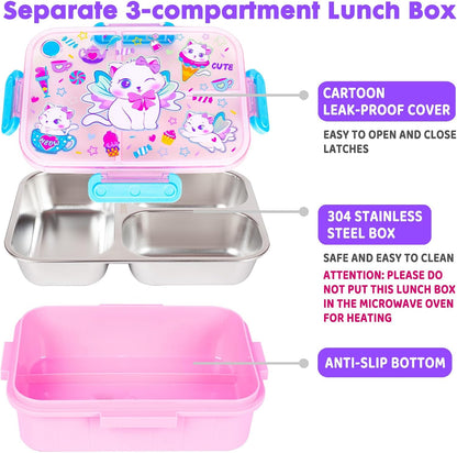 Stainless Steel Bento Lunch Box for Kids, 800ml/27oz BPA-Free Leak-Proof Food Containers with 3 Compartments, Freezer & Dishwasher Safe, Back to School Students Lunches Size for Ages 3-7