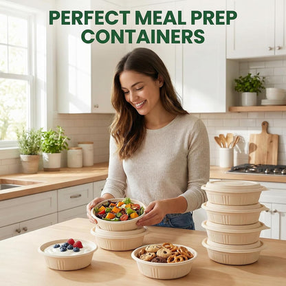 100 Piece (50 Pack) Meal Prep Containers Reusable - 2 Compartment 32 oz Cornstarch Snack Containers with Lids - Plastic Food Storage Salad Containers - To Go Lunch Box - Microwave & Freezer Safe