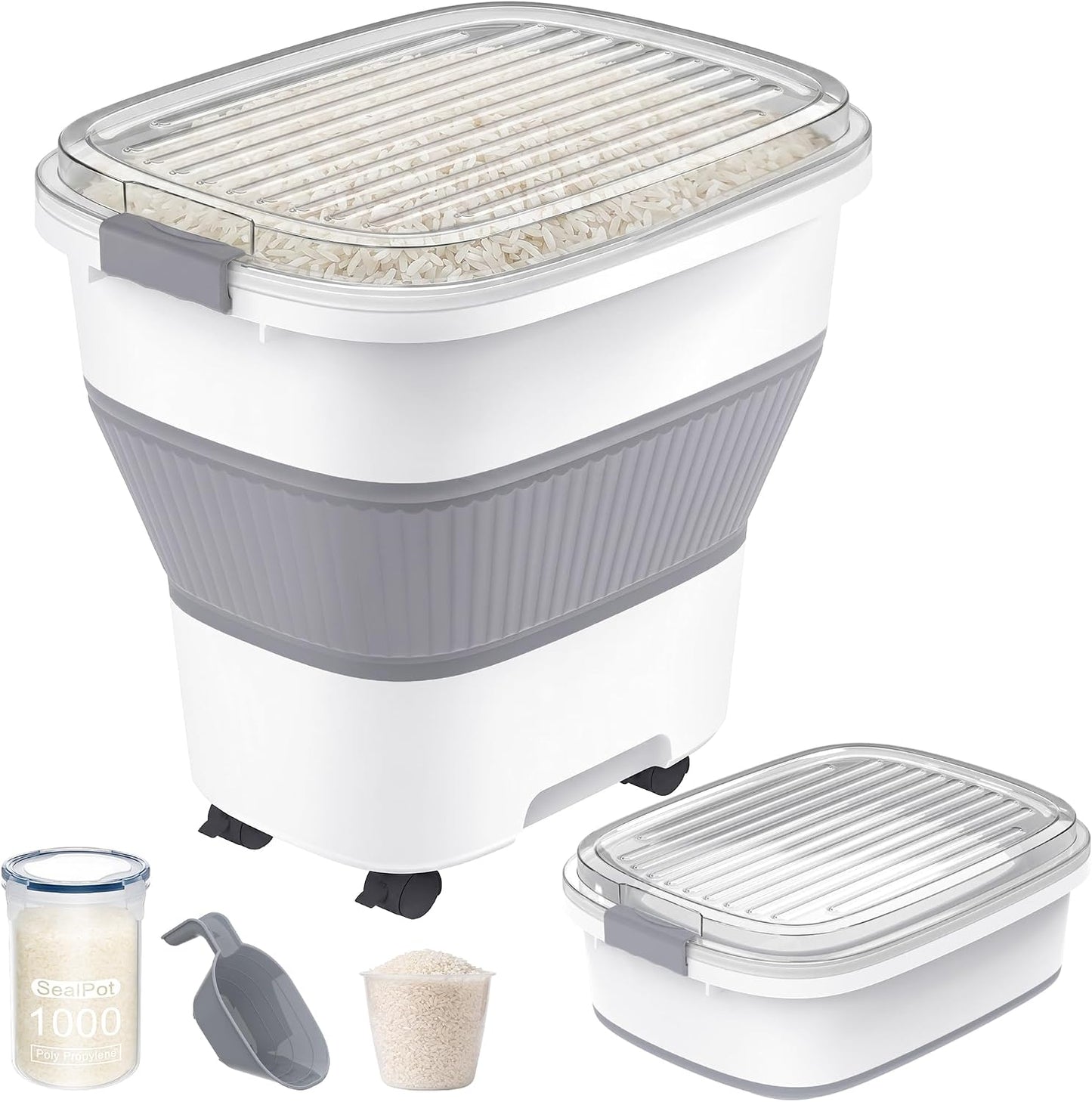 50 Lbs Rice Storage Container with Wheels, Collapsible Airtight Rice Holder with Transparent Lid, Measuring Cup, Scoop, Handle, BPA Free Food Storage Container for Pet Food, Grain, Bird Seed