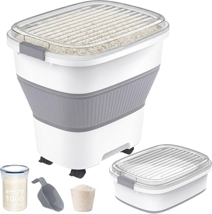 50 Lbs Rice Storage Container with Wheels, Collapsible Airtight Rice Holder with Transparent Lid, Measuring Cup, Scoop, Handle, BPA Free Food Storage Container for Pet Food, Grain, Bird Seed