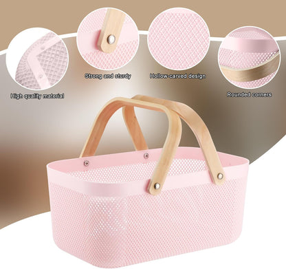 Sadnyy 4 Pcs Plastic Mesh Garden Harvest Basket Storage Basket with Wooden Handle Multi Functional Mesh Bin for Kitchen Cabinet Picnic Fruit Vegetable Gathering Organizer(Large,White)