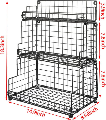 X-cosrack Stackable Wire Basket 3 Tier Countertop& Wall Mounted Metal Storage Basket for Kitchen Pantry Cabinet, Muti-functional Open Front Bin Organizer for Food Fruit Snack, Black