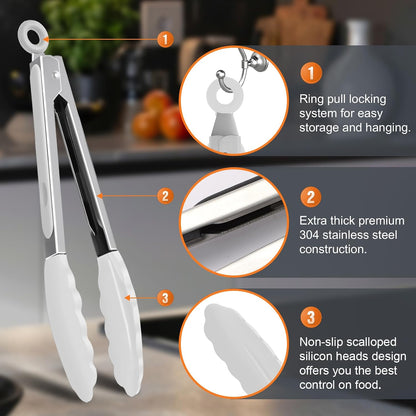2 Pack Black Premium Stainless Steel Heat Resistant Kitchen Tongs for cooking,set of 9" and 12",Non Scratch Silicone cooking Tong Tip for Cooking Pans,Strong Grip BBQ tongs for Grabbing Hot Food