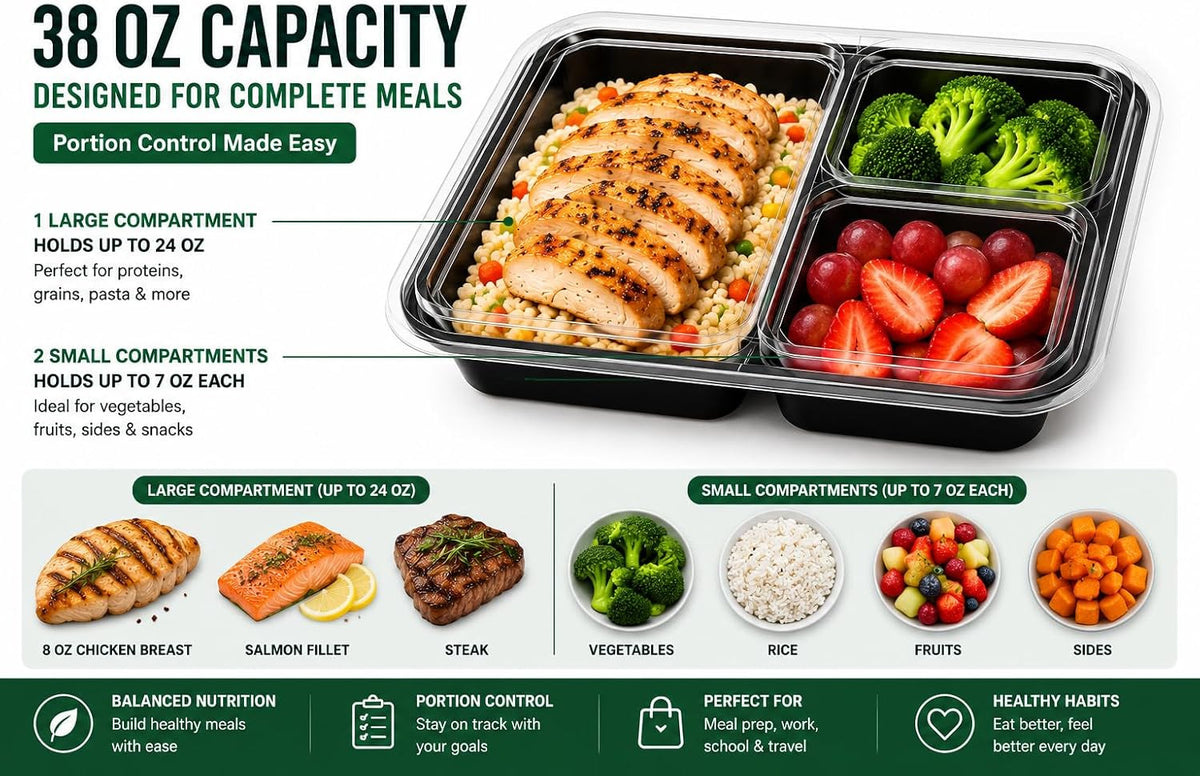 3 Compartment Food Containers with Lids, 25 Pack, 38 Oz Take Out Containers, Reusable Meal Prep Containers, Microwave Safe Lunch Boxes, Food Storage Containers for Catering, Restaurant & To Go Meals
