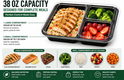 3 Compartment Food Containers with Lids, 25 Pack, 38 Oz Take Out Containers, Reusable Meal Prep Containers, Microwave Safe Lunch Boxes, Food Storage Containers for Catering, Restaurant & To Go Meals