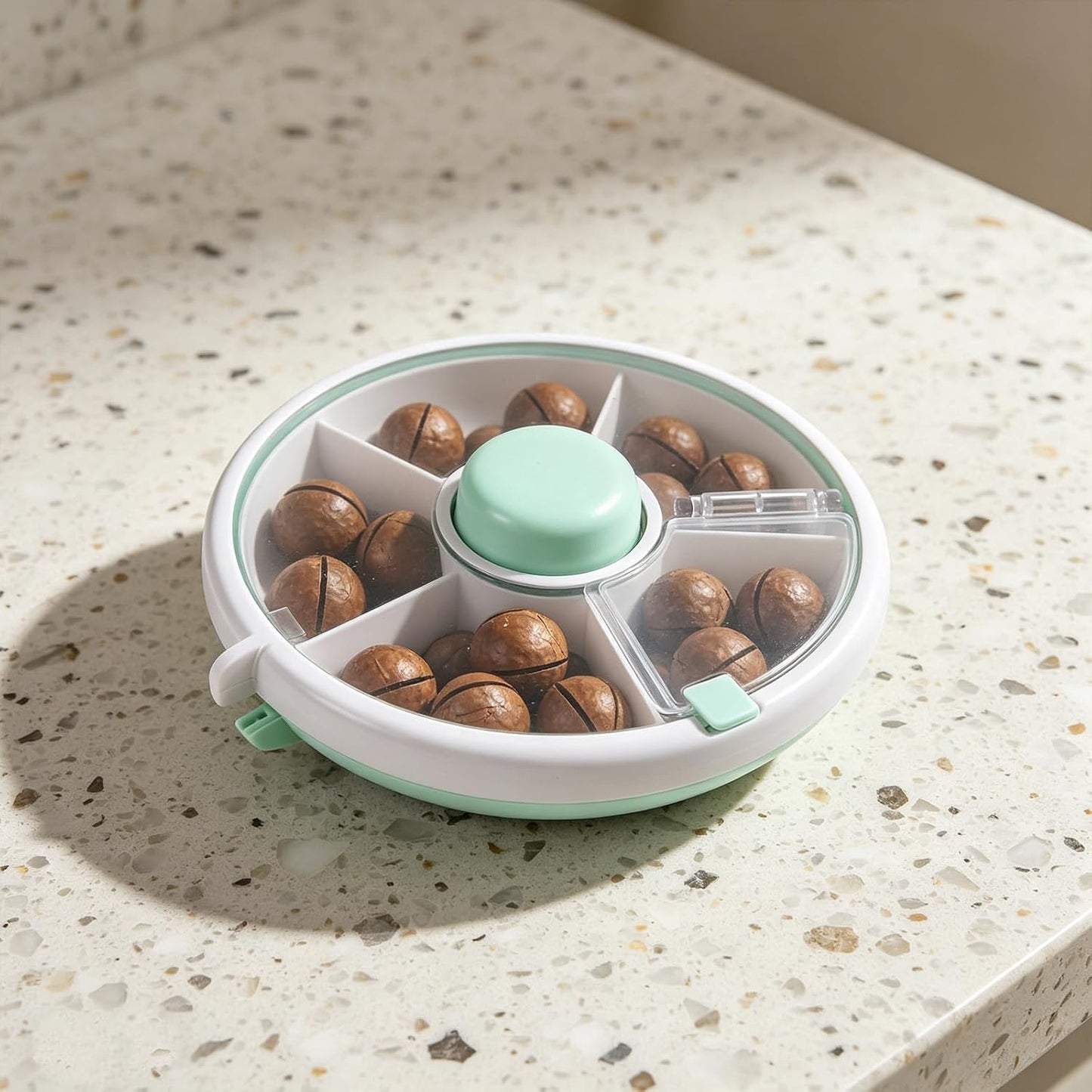 Compartmentalized Snack Tray with Lid, Portable Rotating Kids Snack Container for Dry Fruits, Candies, Crackers, Great for Picnics, Travel, Parties Pink