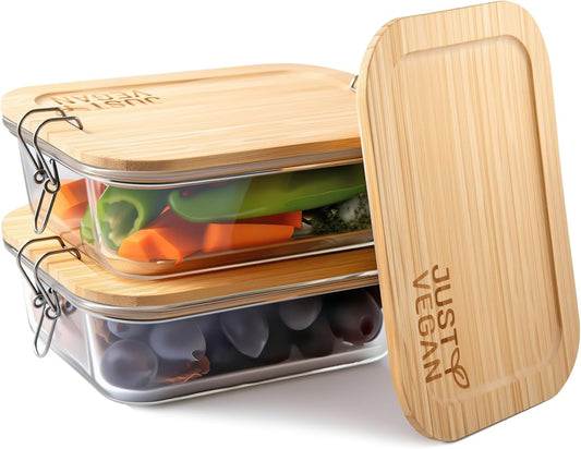Airtight Glass Food Storage Containers with Bamboo Lids, Set of 4 Secure-Seal Containers for Meal Prep, 100% Leakproof, Plastic Free, Oven & Microwave Safe (4 Pack)