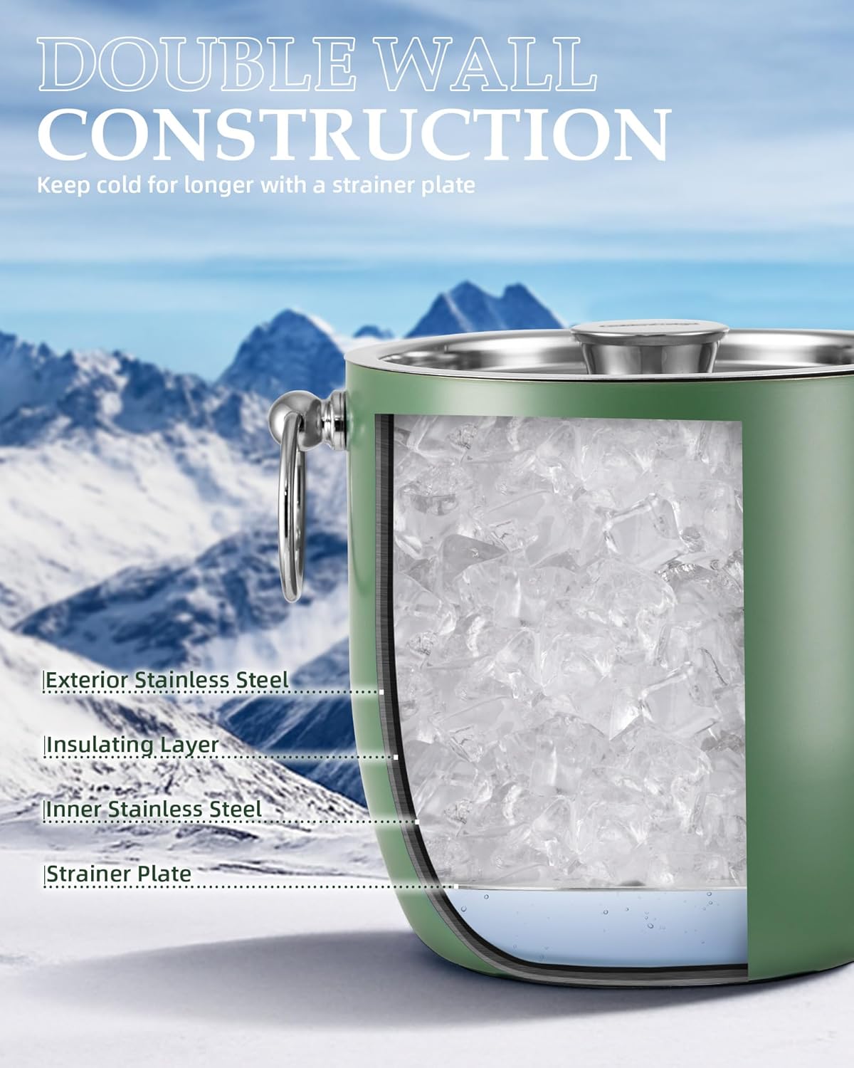 Insulated Ice Bucket, 3L Double Wall Stainless Steel Ice Bucket with Tongs,Lid, Scoop and Strainer, Ice Buckets for Parties,Cocktail Bars, Chilling Beer, Champagne, Wine Bottles