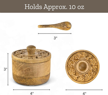 Mie Creations Rustic Salt Box Cellar with Lid & Spoon, Mango Wood Floral