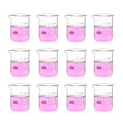Upgrated 6 Size Low Form Glass Beaker Set, 25ml 50ml 100ml 250ml 500ml 1000ml, 3.3 Boro Glass beakers with Printed Graduation, LVA019