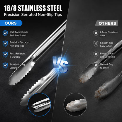 Tongs for Cooking, Long Kitchen Tweezers Set of 3, 18/8 Stainless Steel KitchenTongs with Precision Serrated Non-Slip Tips, Lightweight Durable Tweezer for Frying, Plating & BBQ(9.5"+11.5"+13.5")