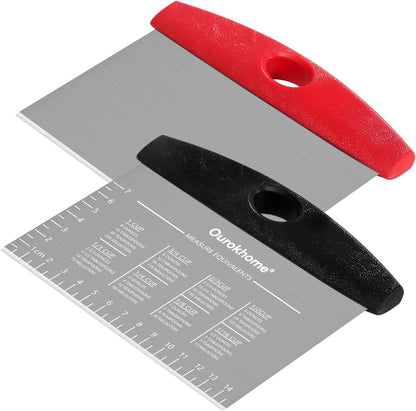Ourokhome 2 Pack Bench Scraper Dough Cutter, Stainless Steel Dough Scraper with Laser-Etched Scale, Conversion Chart, Non-Slip Handle, Dishwasher Safe for Bread & Pastry, Black