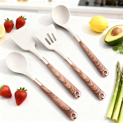 11-Piece Silicone Kitchen Utensil Set with Wooden Handle & Holder – Heat-Resistant, Non-Scratch Cooking Tools for Non-Stick Cookware
